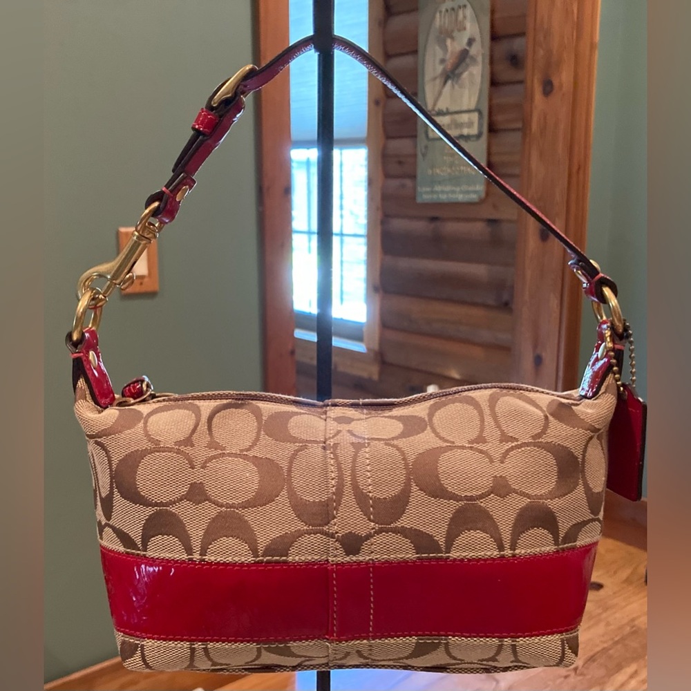 Coach red patent leather and tan canvas logo bag